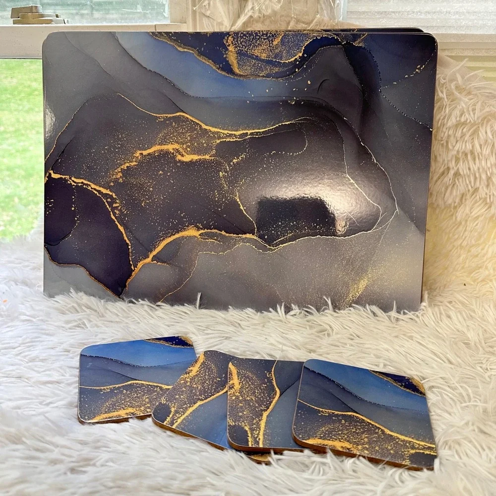 MODERRY Set of 4 Heat Resistant Cork Placemats & 4 Coasters Blue Marble NEW